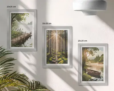 Conjunto de quadros com imagens paisagens tranquilas de floresta e lago com passeio de barco