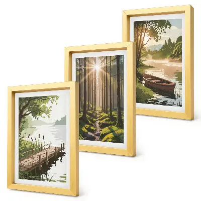 Conjunto de quadros com imagens paisagens tranquilas de floresta e lago com passeio de barco