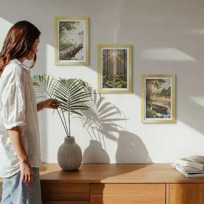 Conjunto de quadros com imagens paisagens tranquilas de floresta e lago com passeio de barco