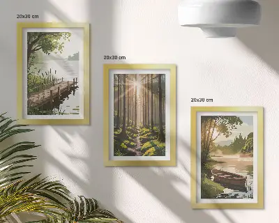 Conjunto de quadros com imagens paisagens tranquilas de floresta e lago com passeio de barco