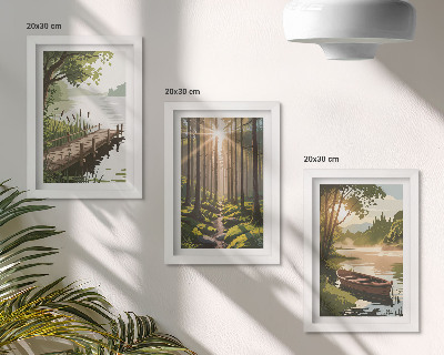 Conjunto de molduras com imagens Paisagens tranquilas da floresta e do lago com um passeio de barco.