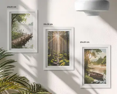 Conjunto de quadros com imagens paisagens tranquilas de floresta e lago com passeio de barco