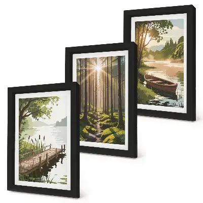Conjunto de quadros com imagens paisagens tranquilas de floresta e lago com passeio de barco