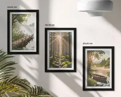Conjunto de quadros com imagens paisagens tranquilas de floresta e lago com passeio de barco