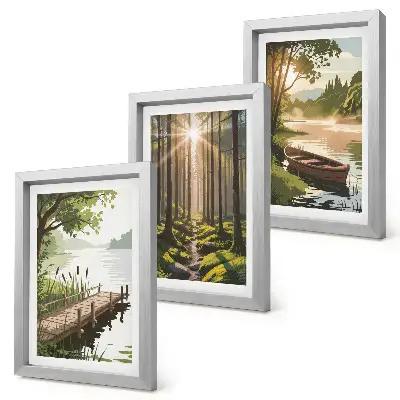 Conjunto de quadros com imagens paisagens tranquilas de floresta e lago com passeio de barco