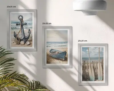 Tríptico com moldura âncora e remos de barco na praia com o mar ao fundo