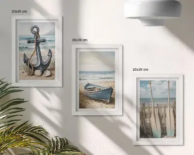 Tríptico com moldura âncora e remos de barco na praia com o mar ao fundo