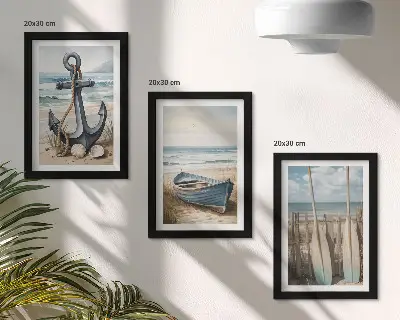 Tríptico com moldura âncora e remos de barco na praia com o mar ao fundo