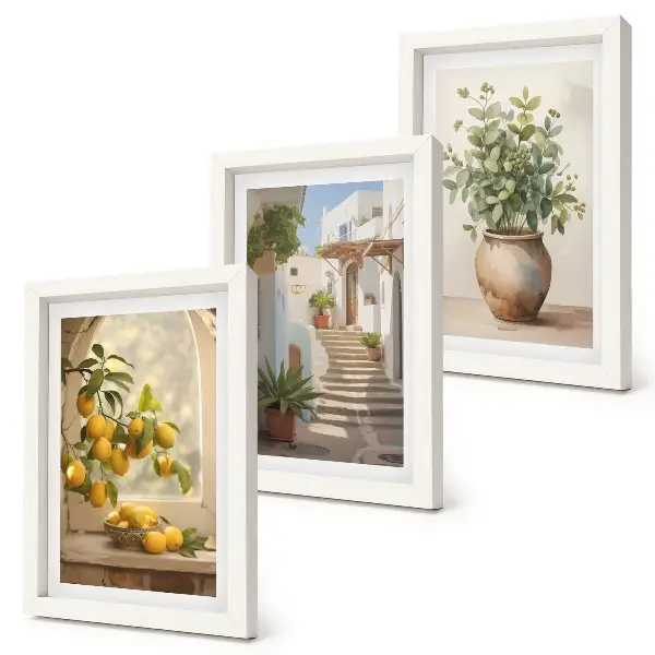 Conjunto de 3 quadros decorativos com estampa de limões em vaso e plantas em arquitetura branca