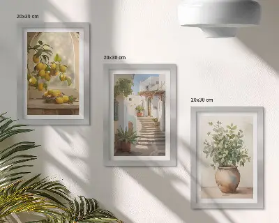 Conjunto de 3 quadros decorativos com estampa de limões em vaso e plantas em arquitetura branca