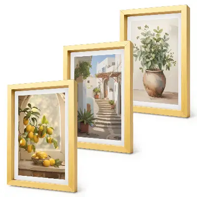 Conjunto de 3 quadros decorativos com estampa de limões em vaso e plantas em arquitetura branca