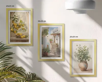 Conjunto de 3 quadros decorativos com estampa de limões em vaso e plantas em arquitetura branca