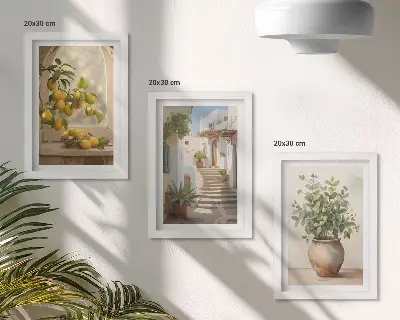 Conjunto de 3 quadros decorativos com estampa de limões em vaso e plantas em arquitetura branca