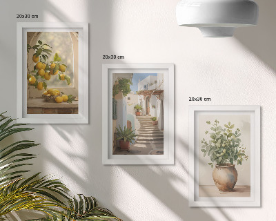 Conjunto de 3 quadros decorativos Limões em um vaso e plantas em arquitetura branca