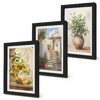 Conjunto de 3 quadros decorativos com estampa de limões em vaso e plantas em arquitetura branca