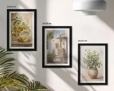 Conjunto de 3 quadros decorativos com estampa de limões em vaso e plantas em arquitetura branca