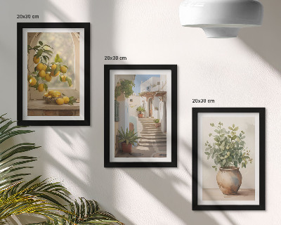 Conjunto de 3 quadros decorativos Limões em um vaso e plantas em arquitetura branca