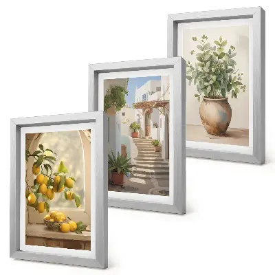 Conjunto de 3 quadros decorativos com estampa de limões em vaso e plantas em arquitetura branca