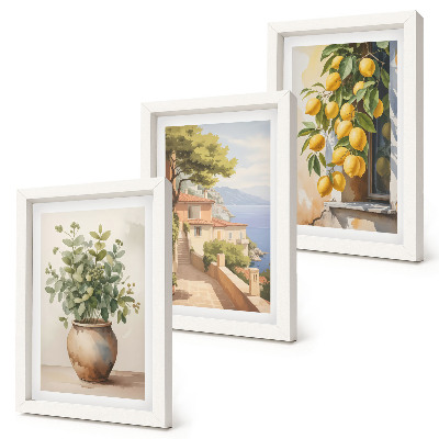 Conjunto de molduras com imagens Flores num vaso com vista para o mar e limões.