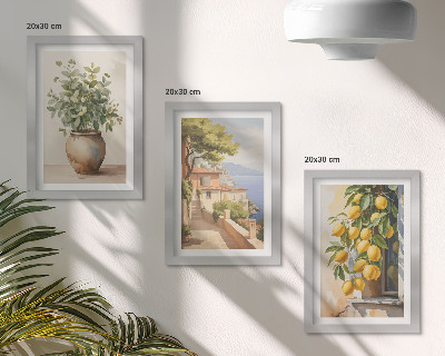 Conjunto de molduras com imagens Flores num vaso com vista para o mar e limões.