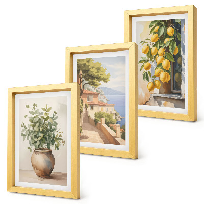 Conjunto de molduras com imagens Flores num vaso com vista para o mar e limões.