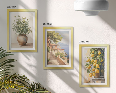 Conjunto de molduras com imagens Flores num vaso com vista para o mar e limões.