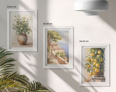Conjunto de molduras com imagens Flores num vaso com vista para o mar e limões.