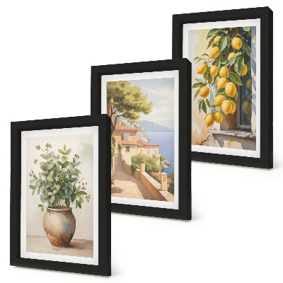 Conjunto de molduras com imagens Flores num vaso com vista para o mar e limões.