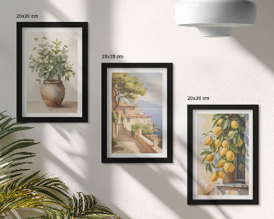 Conjunto de molduras com imagens Flores num vaso com vista para o mar e limões.