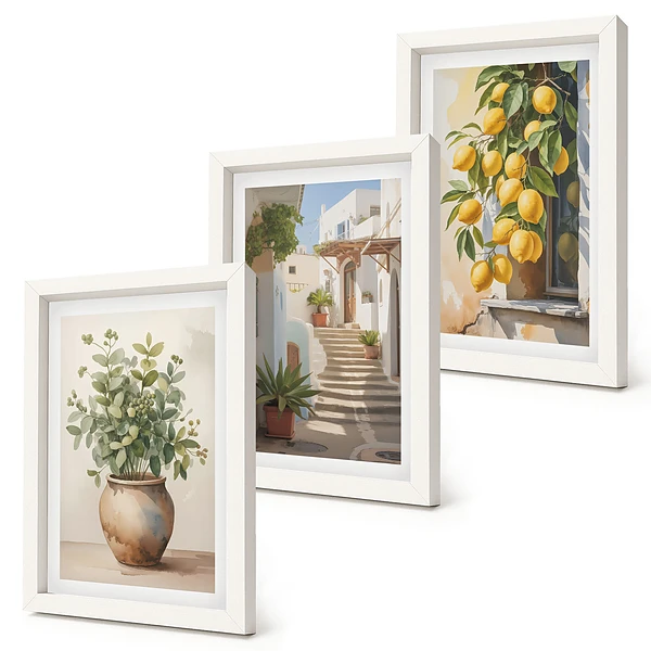 Conjunto de 3 quadros decorativos com estampa de vasos de plantas e limões em rua