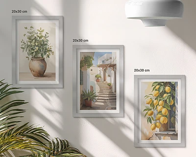 Conjunto de 3 quadros decorativos com estampa de vasos de plantas e limões em rua