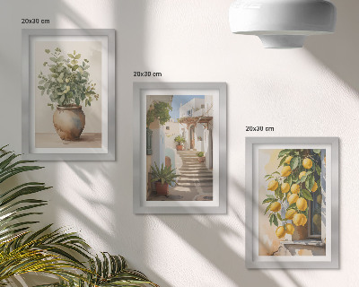 Conjunto de 3 quadros decorativos Vasos de plantas e limões tendo como pano de fundo uma rua.