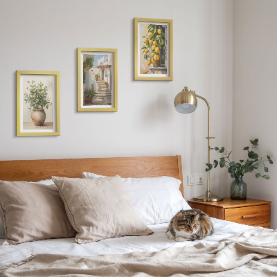 Conjunto de 3 quadros decorativos Vasos de plantas e limões tendo como pano de fundo uma rua.