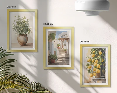 Conjunto de 3 quadros decorativos com estampa de vasos de plantas e limões em rua