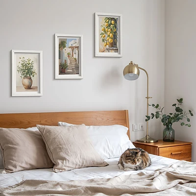 Conjunto de 3 quadros decorativos com estampa de vasos de plantas e limões em rua