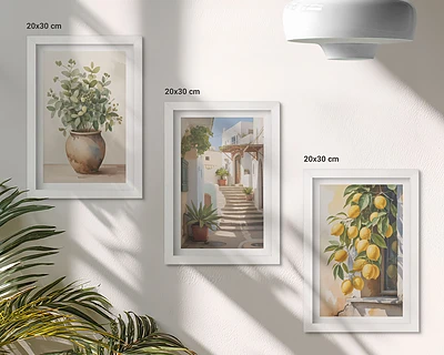 Conjunto de 3 quadros decorativos com estampa de vasos de plantas e limões em rua