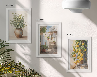 Conjunto de 3 quadros decorativos Vasos de plantas e limões tendo como pano de fundo uma rua.
