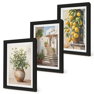Conjunto de 3 quadros decorativos com estampa de vasos de plantas e limões em rua