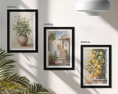 Conjunto de 3 quadros decorativos com estampa de vasos de plantas e limões em rua