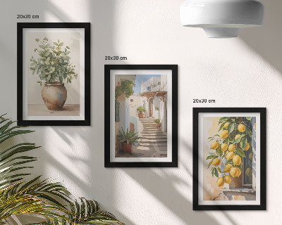 Conjunto de 3 quadros decorativos Vasos de plantas e limões tendo como pano de fundo uma rua.