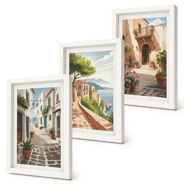 Conjunto de quadros com imagens ruas pitorescas com casas e vasos de plantas