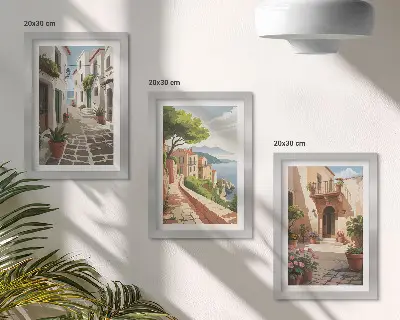 Conjunto de quadros com imagens ruas pitorescas com casas e vasos de plantas