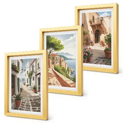 Conjunto de quadros com imagens ruas pitorescas com casas e vasos de plantas