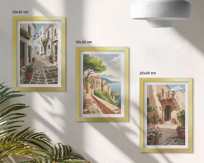 Conjunto de quadros com imagens ruas pitorescas com casas e vasos de plantas