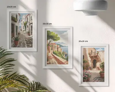 Conjunto de quadros com imagens ruas pitorescas com casas e vasos de plantas