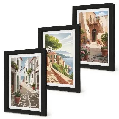 Conjunto de quadros com imagens ruas pitorescas com casas e vasos de plantas