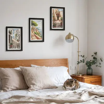 Conjunto de quadros com imagens ruas pitorescas com casas e vasos de plantas