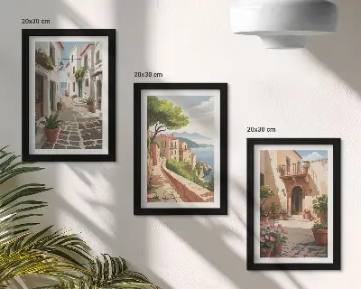 Conjunto de quadros com imagens ruas pitorescas com casas e vasos de plantas