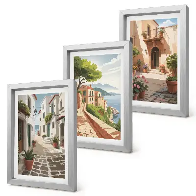 Conjunto de quadros com imagens ruas pitorescas com casas e vasos de plantas