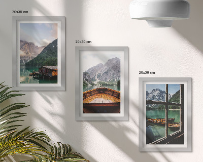 Tríptico com moldura Lago de montanha com um barco e casas de madeira